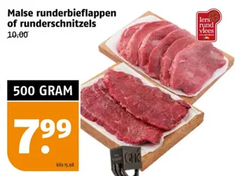 Poiesz Malse runderbieflap pen of runderschnitzels 500 gram aanbieding