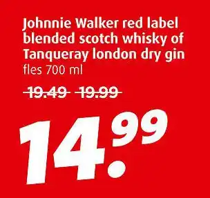 Boni Johnnie Walker red label blended scotch whisky of Tanqueray london dry gin aanbieding