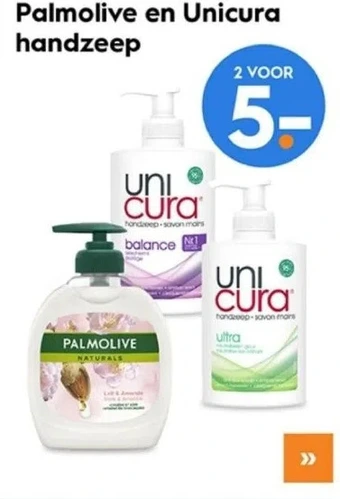 Blokker Palmolive en unicura handzeep aanbieding