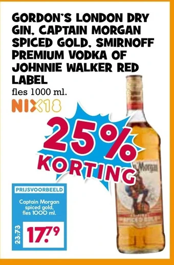 Boon`s Markt Gordon's london dry gin. captain morgan spiced gold, smirnoff premium vodka of johnnie walker red label aanbieding