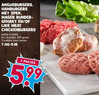 Boon`s Markt Angusburgers, hamburgers met spek. mager runder- gehakt en/of like meat chickenburgers aanbieding