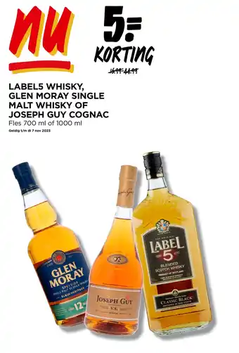 Jumbo LABEL5 WHISKY, GLEN MORAY SINGLE MALT WHISKY OF JOSEPH GUY COGNAC Fles 700 ml of 1000 ml aanbieding