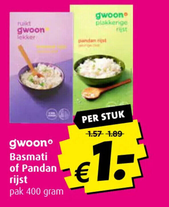 Gwoon Basmati of Pandan rijst pak 400 gram aanbieding bij Boni