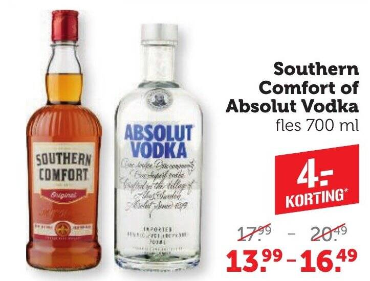 Southern Comfort of Absolut Vodka fles 700 ml aanbieding bij Coop