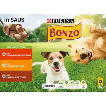 Dekamarkt Bonzo hondenvoer adult saus rund kip lam 12 st aanbieding