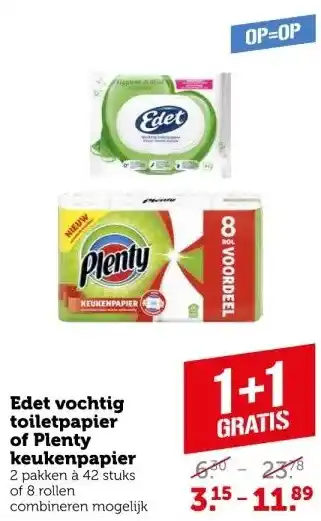 Coop Edet vochtig toiletpapier of plenty keukenpapier aanbieding