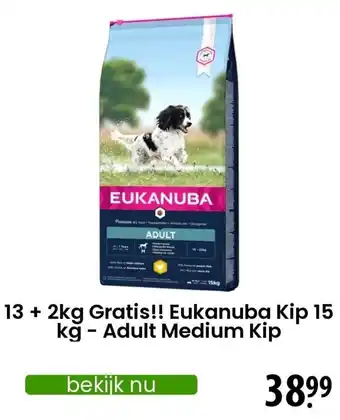 Zooplus 13 + 2kg Gratis!! Eukanuba Kip 15 kg - Adult Medium Kip aanbieding