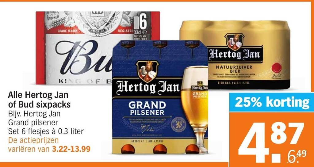 Alle Hertog Jan of Bud sixpacks 6x0.3 liter aanbieding bij Albert Heijn