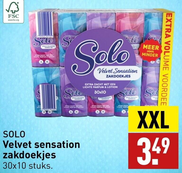 SOLO Velvet sensation zakdoekjes 30x10 stuks aanbieding bij ALDI