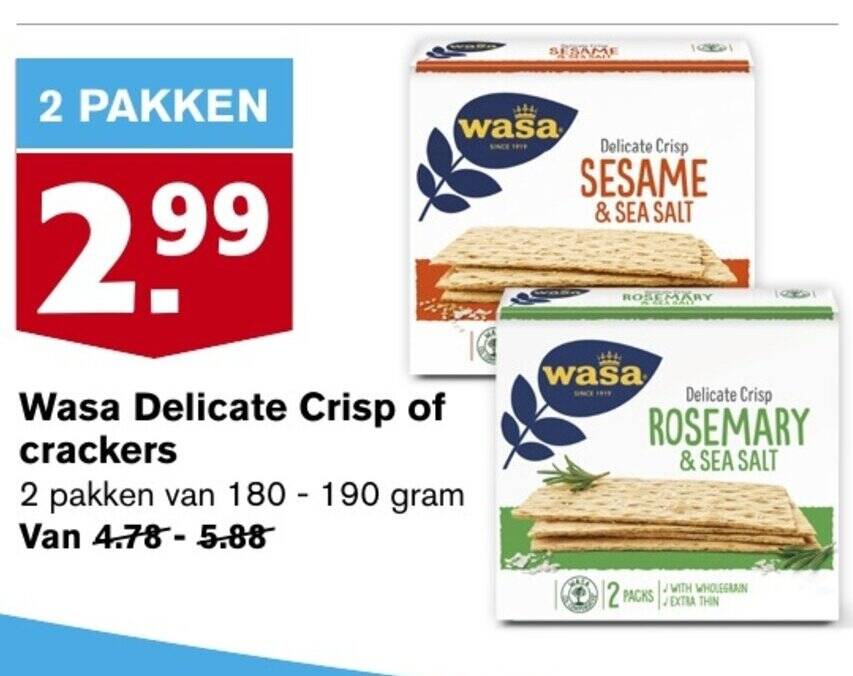 Wasa Delicate Crisp of crackers aanbieding bij Hoogvliet