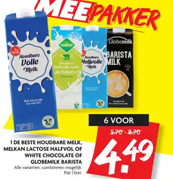 Dekamarkt Houdbare melk, Melkan Lactose halfvol of White chocolate of Globemilk Barista 6*1L aanbieding