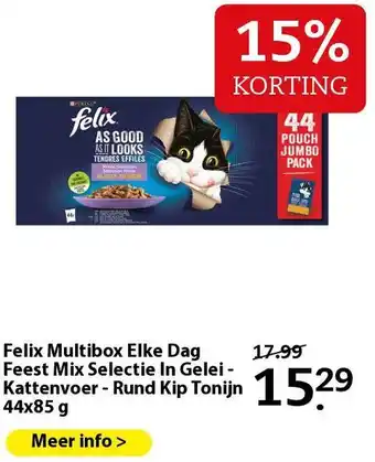 Pets Place Felix Multibox Elke Dag Feest Mix Selectie In Gelei - Kattenvoer - Rund Kip Tonijn 44x85 g aanbieding