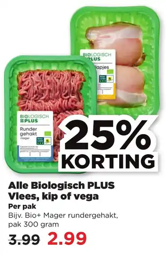 PLUS Alle Biologisch Vlee, kip of vega 300 gram aanbieding