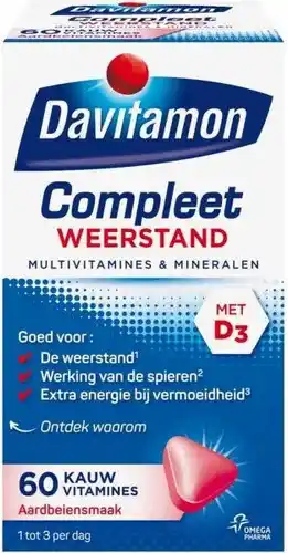 Bol.com Davitamon compleet weerstand - kauwvitamines - multivitamine - aardbei - 60 tabletten aanbieding