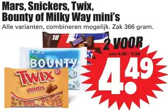 Dirk Mars, Snikers, Twix, Bounty of Milky Way mini's 2*366g aanbieding