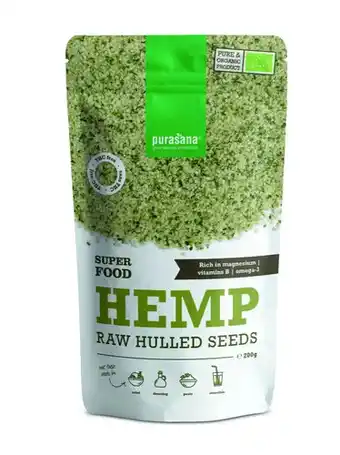 De Online Drogist Purasana hulled hemp raw seeds aanbieding