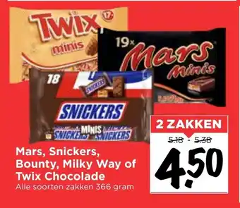 Vomar Voordeelmarkt Mars, Snickers, Bounty, Milky Way of Twix Chocolade 366 gram aanbieding