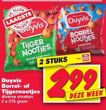 Nettorama Duyvis borrel- en tijgernootjes 2*275g aanbieding