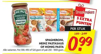 Dekamarkt Spagheroni, Heinz Pastasaus Of Honig Pasta aanbieding