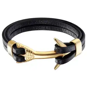 Lookinggoodtoday Mendes leren anker armband mannen edelstaal goudkleurig zwart aanbieding