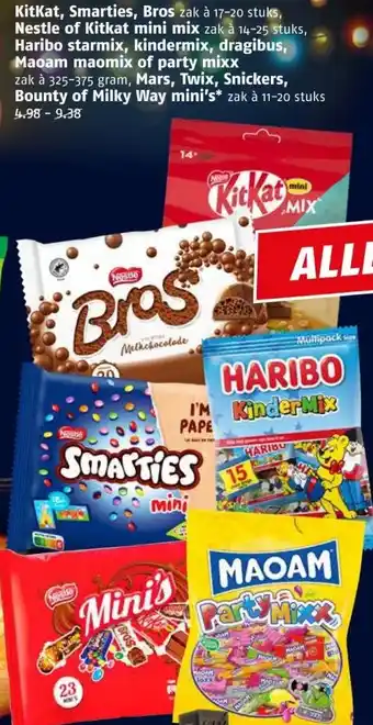 Poiesz Kitkat, smarties, bros zak à 17-20 stuks, nestle of kitkat mini mix zak à 14-25 stuks, haribo starmix, kindermix, dragibus, m aanbieding