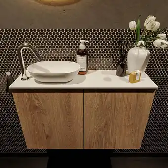 Sanitairwinkel.nl Mondiaz fowy toiletmeubel - 80x50x23cm - washed oak mat - 1 kraangat - wasbak links - 2 deuren - solid surface - blad melamin aanbieding