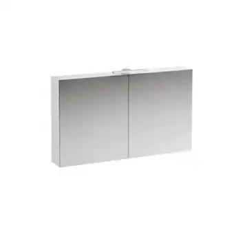 Sanitairwinkel.nl Laufen base toiletkast 120x18.5x70cm met led verlichting 2x 2-zijdige spiegeldeur 2 glazen legplanken en stopcontact hout/gla aanbieding