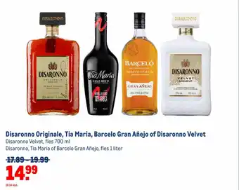 Makro Disaronno Originale, Tia Maria, Barcelo Gran Añejo of Disaronno Velvet aanbieding