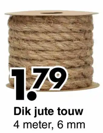 Wibra Dik jute touw 4 meter, 6 mm aanbieding