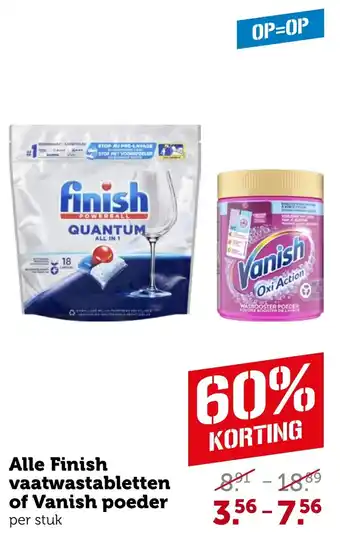 Coop Alle Finish vaatwastabletten of Vanish poeder aanbieding