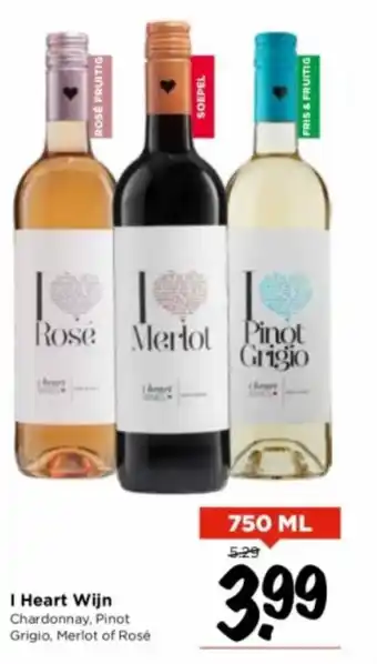 Vomar Voordeelmarkt I Heart Wijn Chardonnay, Pinot Grigio, Merlot of Rosé 750 ml aanbieding