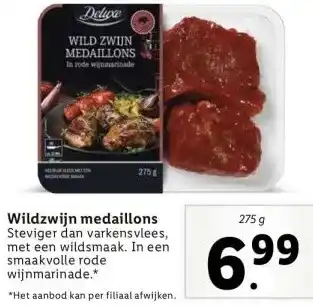 Lidl Wildzwijn medaillons steviger dan varkensvlees, met een wildsmaak. in een smaakvolle rode wijnmarinade.* aanbieding