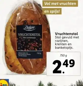 Lidl Vruchtenstol stol gevuld met rozijnen, krenten en banketspijs. aanbieding