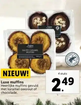 Lidl Luxe muffins heerlijke muffins gevuld met karamel-zeezout of chocolade. aanbieding