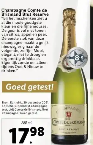 Lidl Champagne comte de brismand brut reserve bij het inschenken ziet u al die mooie goudgele kleur en die fijne mousse. de geur i aanbieding