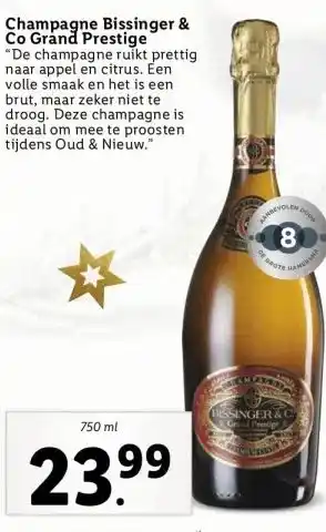 Lidl Champagne bissinger & co grand prestige de champagne ruikt prettig naar appel en citrus. een volle smaak en het is een brut,  aanbieding