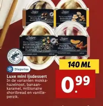 Lidl Luxe mini ijsdessert in de varianten mokkahazelnoot, banaankaramel, millionaire shortbread en vanilleperzik. aanbieding