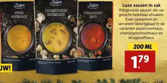 Lidl Luxe sauzen in zak rijkgevulde sauzen die uw gerecht helemaal afmaken. even opwarm serveren! verkrijgbaar in de varianten pep aanbieding