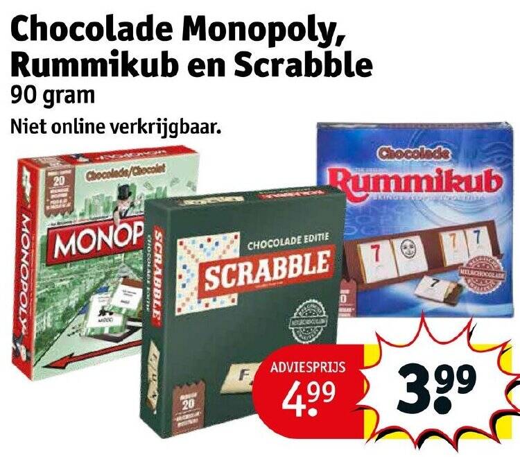 Chocolade Monopoly, Rummikub en Scrabble aanbieding bij Kruidvat