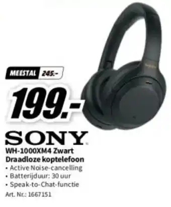 MediaMarkt SONY WH-1000XM4 Zwart Draadloze koptelefoon aanbieding