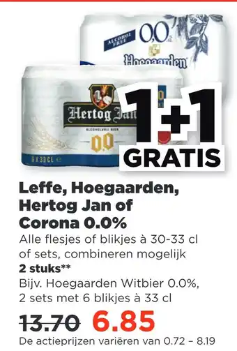 PLUS Leffe, hoegaarden, hertog jan of corona 0.0% aanbieding