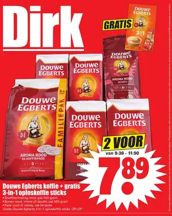 Dirk Douwe Egberts Koffie + GRATIS 3in1 oploskoffie sticks 2*500g/54st aanbieding