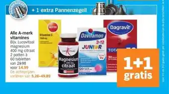 Albert Heijn Alle a-merk vitamines bijv. lucovitaal magnesium 400 mg citraat 2 potten à 60 tabletten van 29.98 voor 14.99 aanbieding