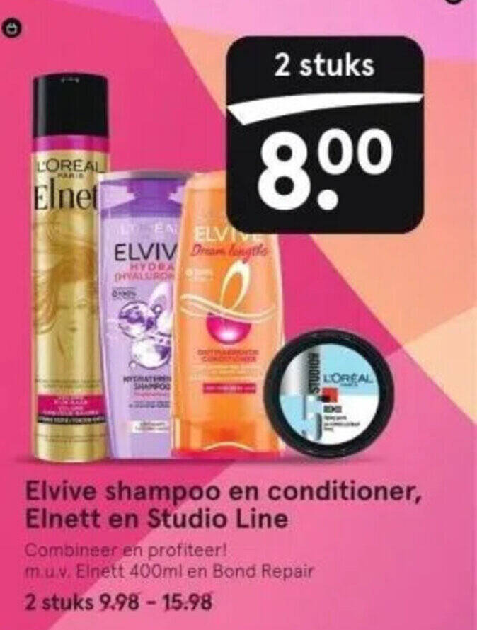 Elvive shampoo en conditioner, en Studio Line aanbieding bij Etos