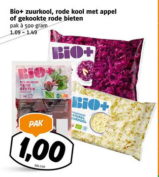 Poiesz Bio+ zuurkool, rode kool met appel of gekookte rode bieten aanbieding