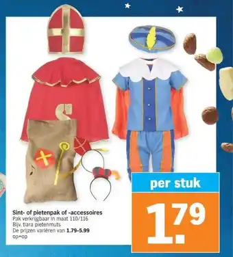 Albert Heijn Sint- of pietenpak of -accessoires pak verkrijgbaar in maat 110/116 bijv. tiara pietenmuts de prijzen variëren van 1.79-5.99  aanbieding