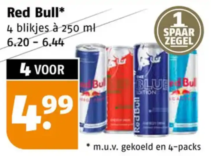 Red Bull 4 blikjes à 250 ml aanbieding bij Poiesz
