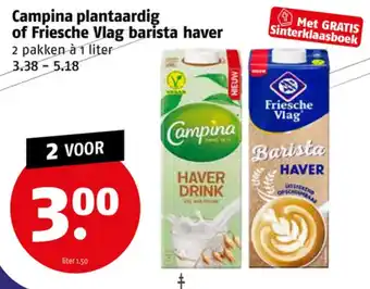 Poiesz Campina plantaardig of Friesche Vlag barista haver 2 pakken à 1 liter aanbieding