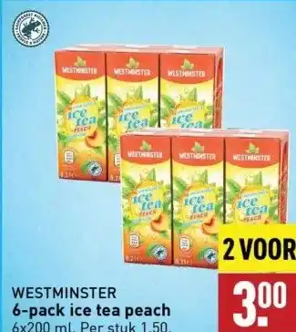 ALDI Westminster 6-pack ice tea peach 6x200 ml. per stuk 1.50. aanbieding