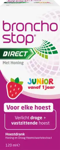 De Online Drogist Bronchostop direct met honing junior hoestdrank 120ml aanbieding